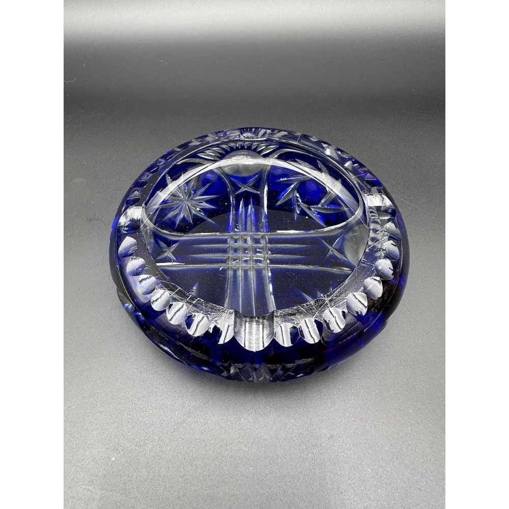 Vintage Czech Bohemia COBALT BLUE Ashtray CUT TO CLEAR CRYSTAL